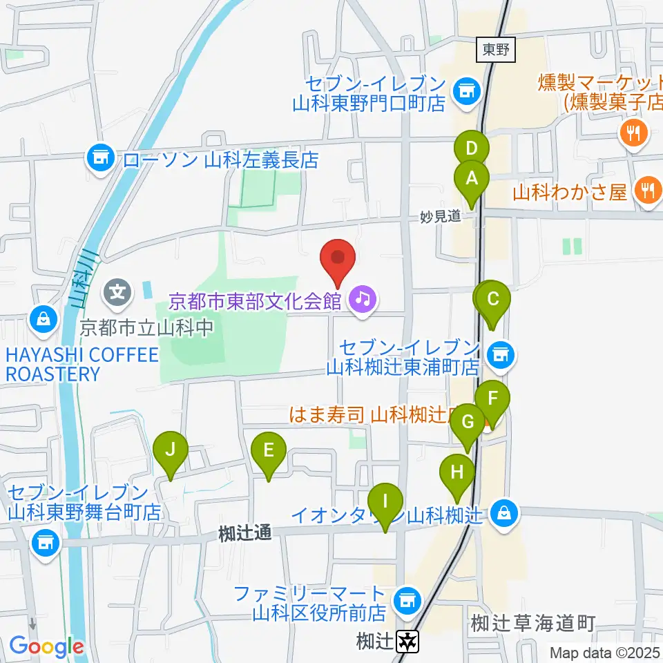 山科地域体育館周辺のファミレス・ファーストフード一覧地図
