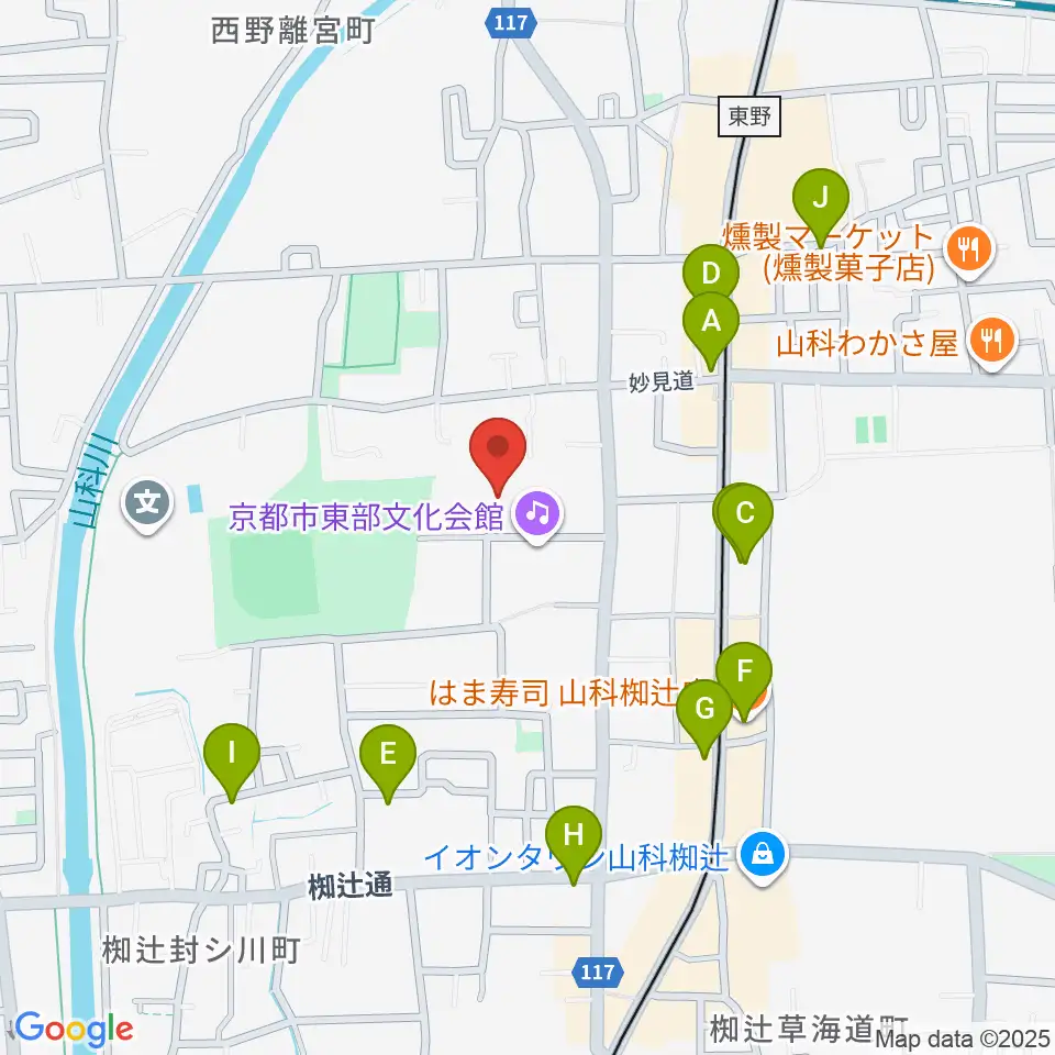 山科地域体育館周辺のファミレス・ファーストフード一覧地図