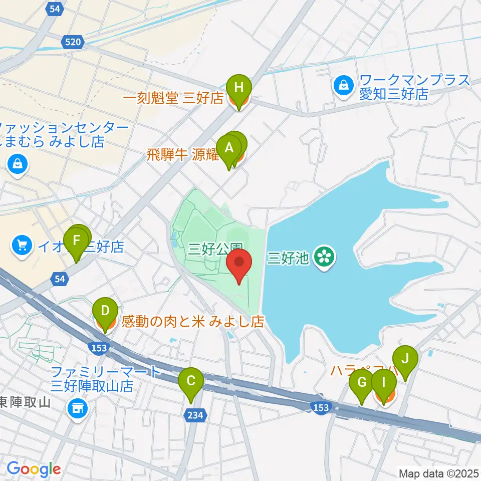 三好公園総合体育館周辺のファミレス・ファーストフード一覧地図