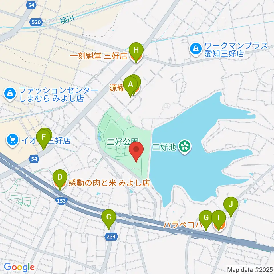 三好公園総合体育館周辺のファミレス・ファーストフード一覧地図