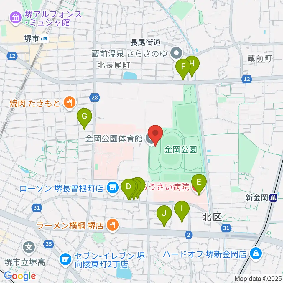 堺市金岡公園体育館周辺のファミレス・ファーストフード一覧地図
