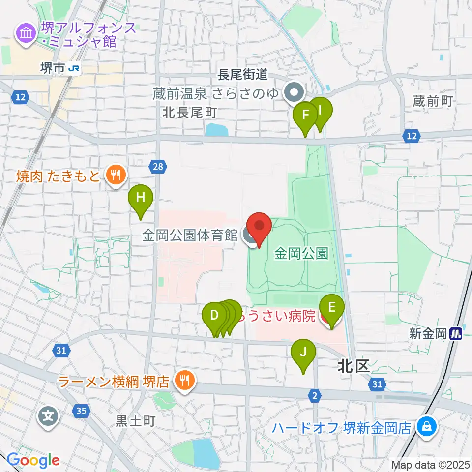 堺市金岡公園体育館周辺のファミレス・ファーストフード一覧地図