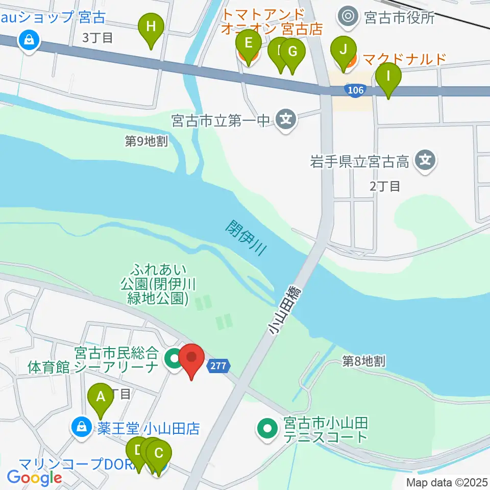 宮古市民総合体育館シーアリーナ周辺のファミレス・ファーストフード一覧地図