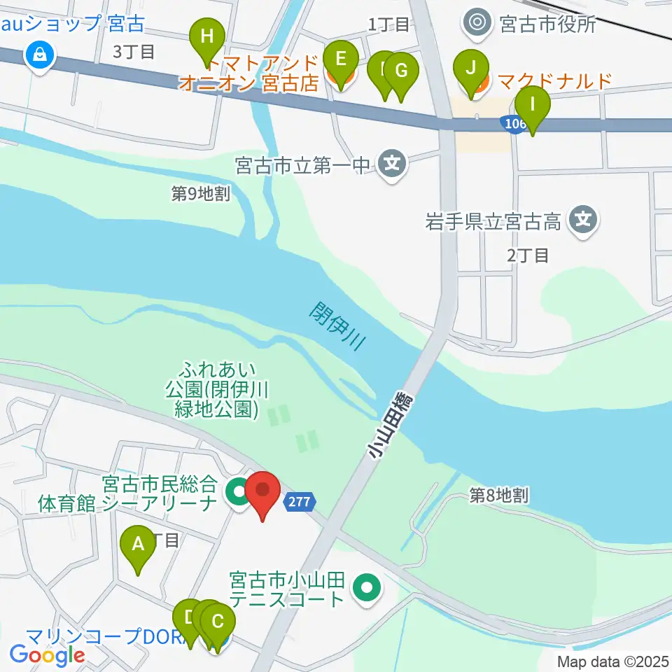 宮古市民総合体育館シーアリーナ周辺のファミレス・ファーストフード一覧地図