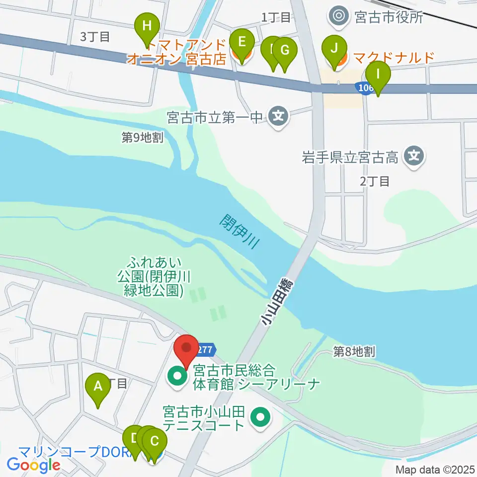 宮古市民総合体育館シーアリーナ周辺のファミレス・ファーストフード一覧地図