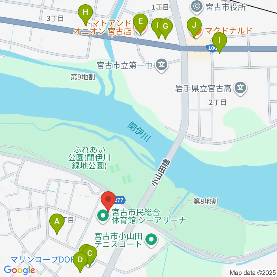 宮古市民総合体育館シーアリーナ周辺のファミレス・ファーストフード一覧地図