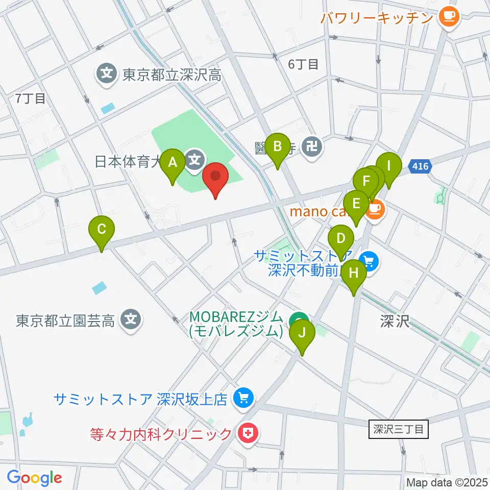 日本体育大学世田谷キャンパス メインアリーナ周辺のファミレス・ファーストフード一覧地図