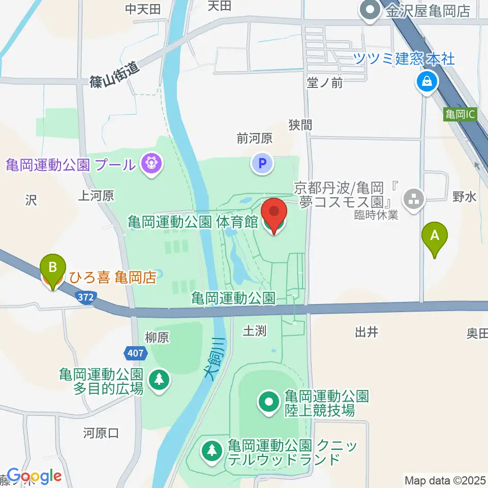 亀岡運動公園体育館周辺のファミレス・ファーストフード一覧地図