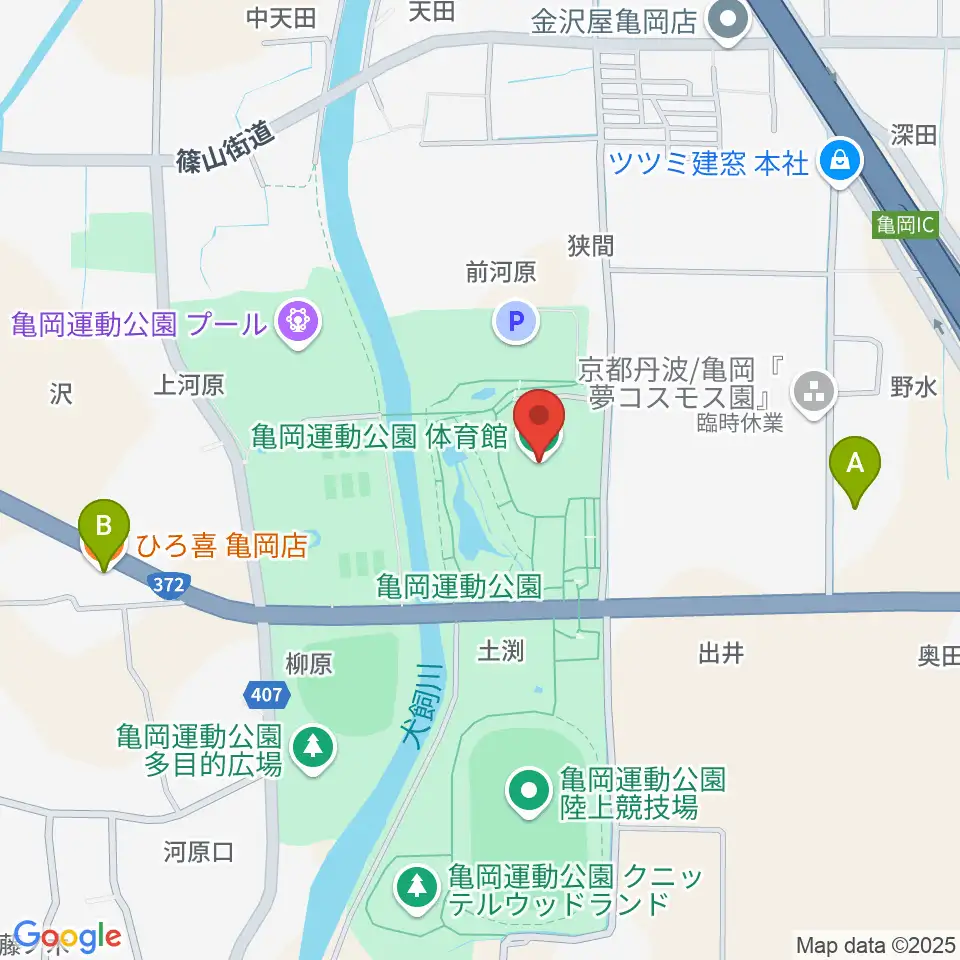 亀岡運動公園体育館周辺のファミレス・ファーストフード一覧地図