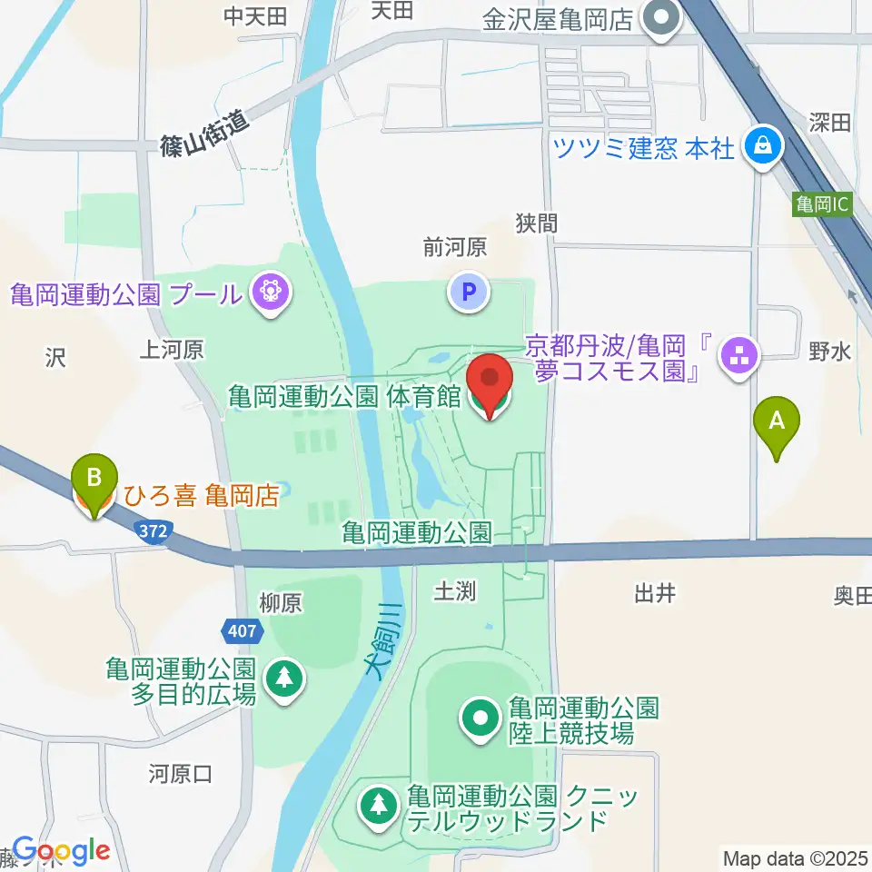 亀岡運動公園体育館周辺のファミレス・ファーストフード一覧地図