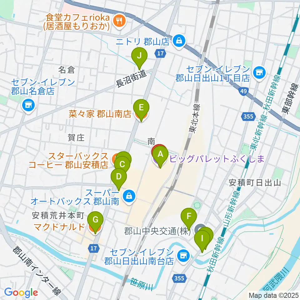 ビッグパレットふくしま周辺のファミレス・ファーストフード一覧地図