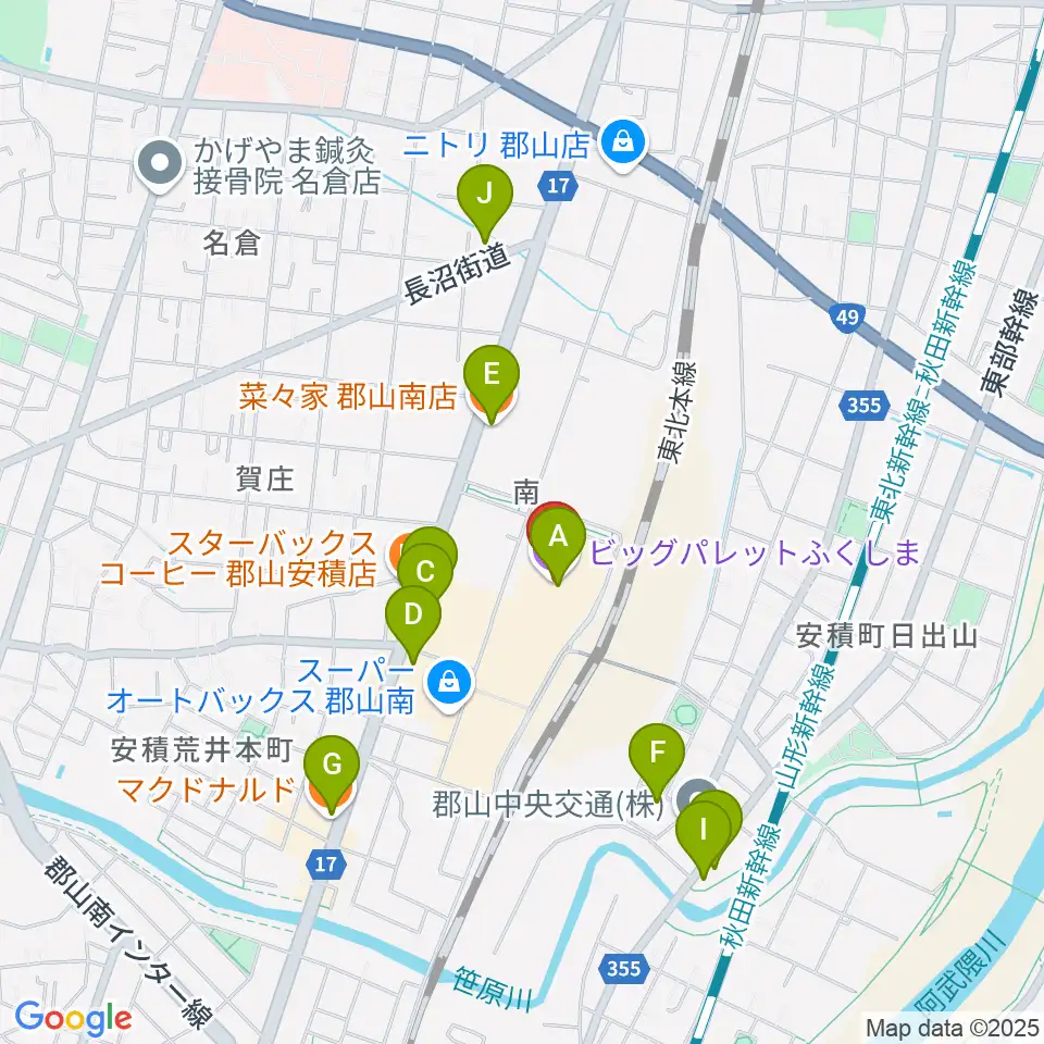 ビッグパレットふくしま周辺のファミレス・ファーストフード一覧地図