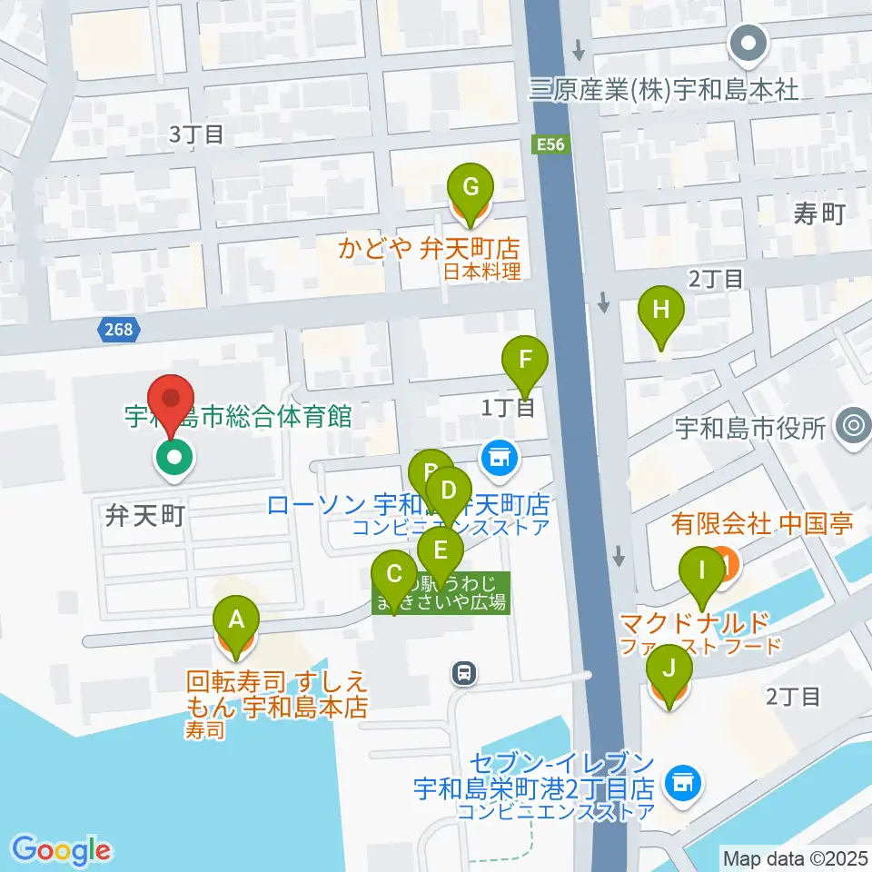 宇和島市総合体育館周辺のファミレス・ファーストフード一覧地図