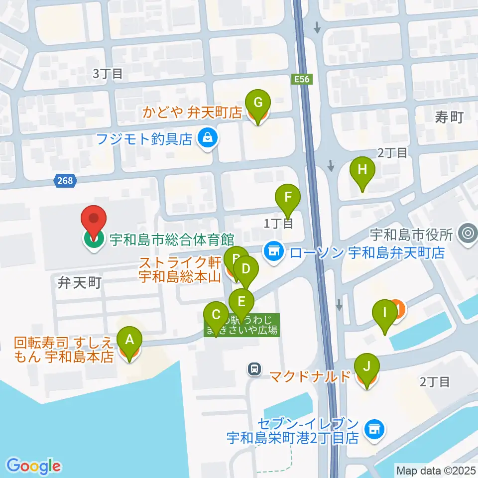 宇和島市総合体育館周辺のファミレス・ファーストフード一覧地図