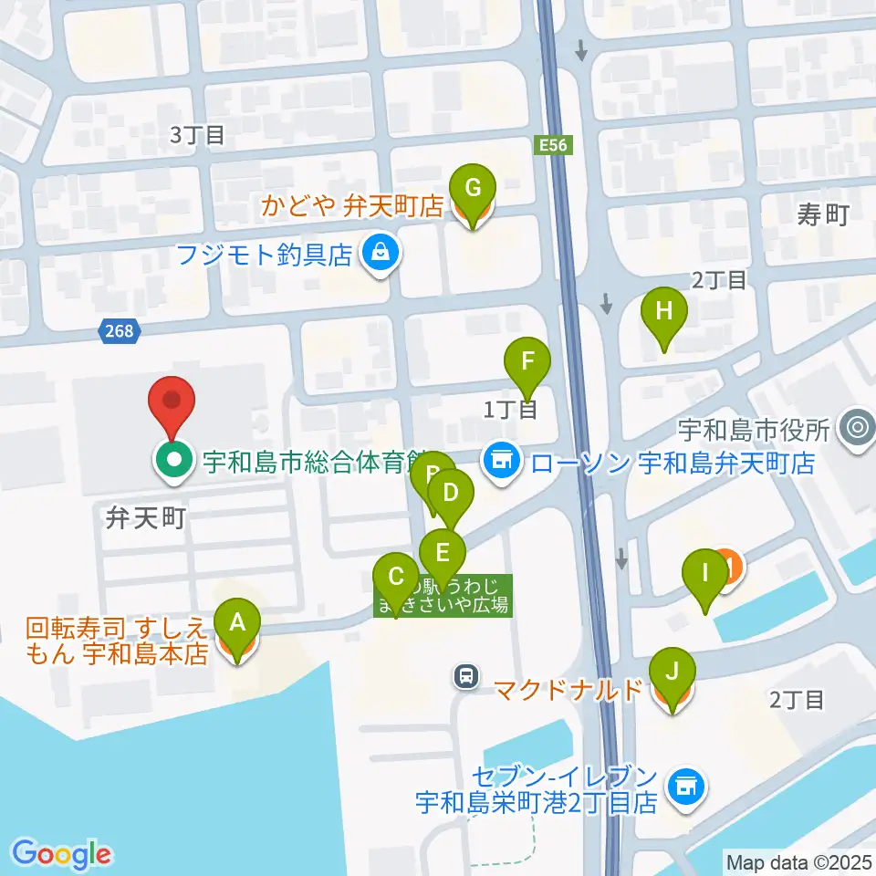 宇和島市総合体育館周辺のファミレス・ファーストフード一覧地図