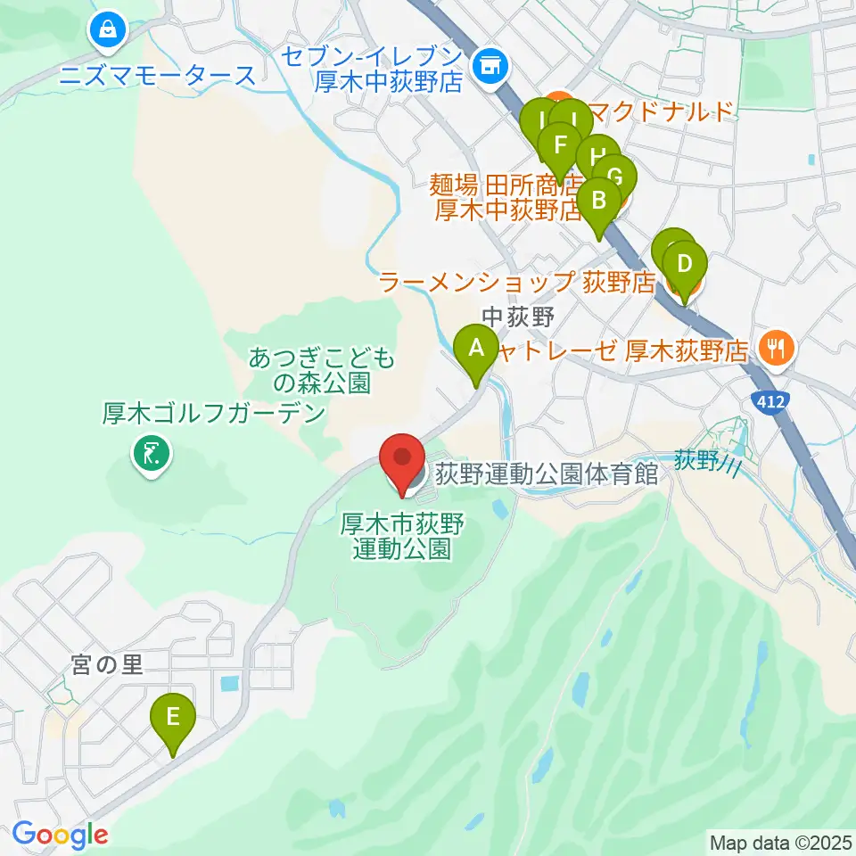 荻野運動公園体育館周辺のファミレス・ファーストフード一覧地図