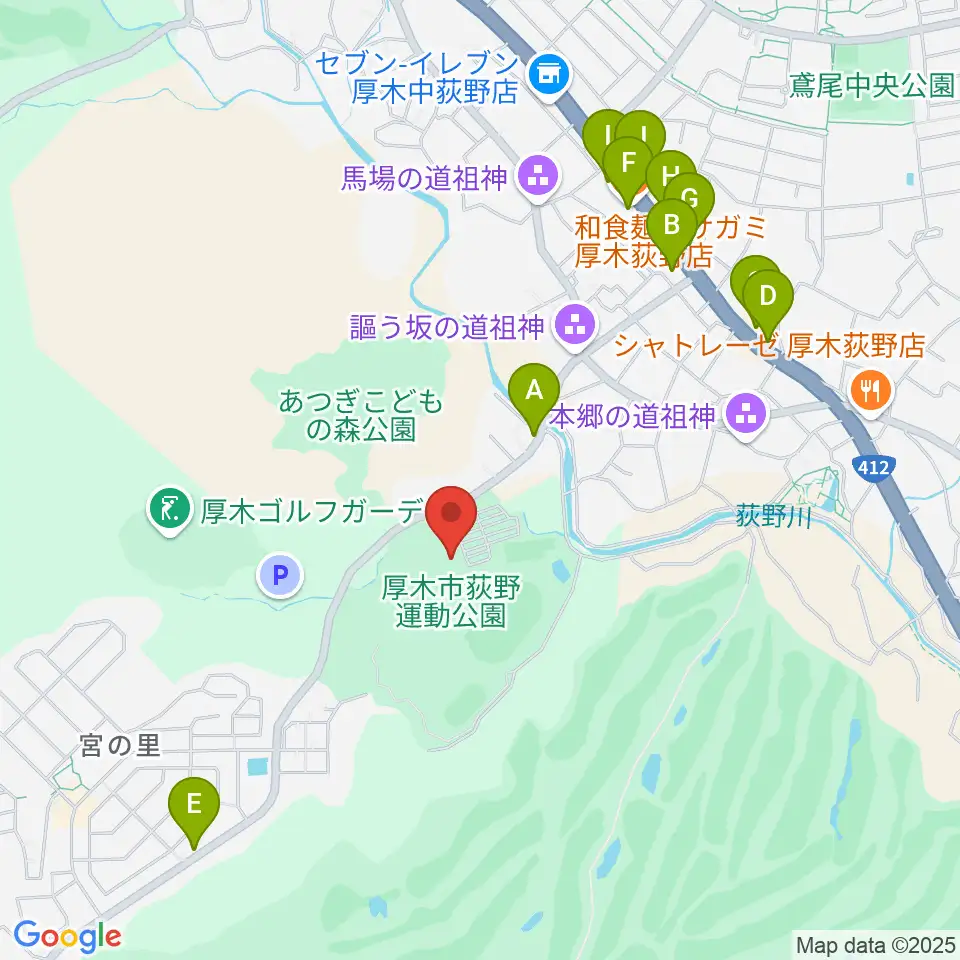 荻野運動公園体育館周辺のファミレス・ファーストフード一覧地図