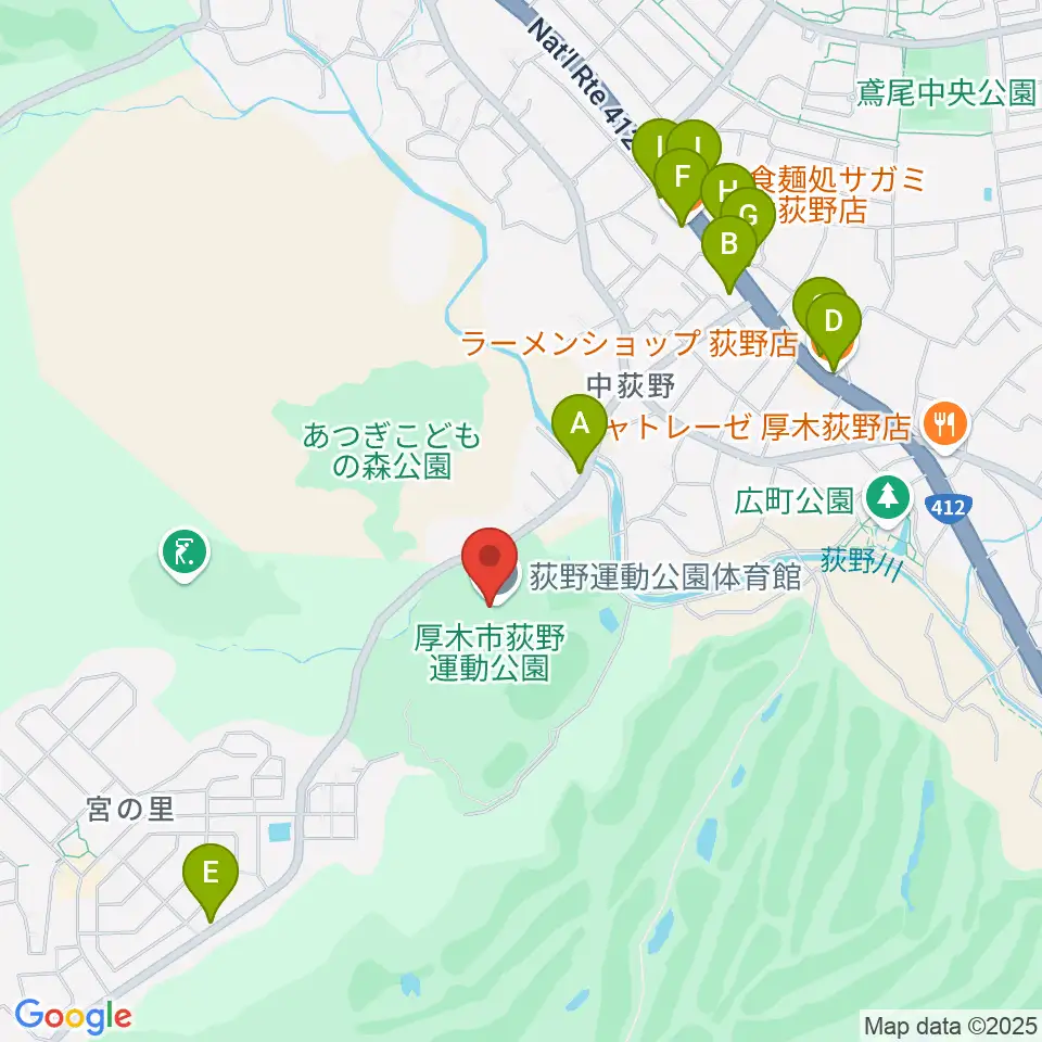 荻野運動公園体育館周辺のファミレス・ファーストフード一覧地図