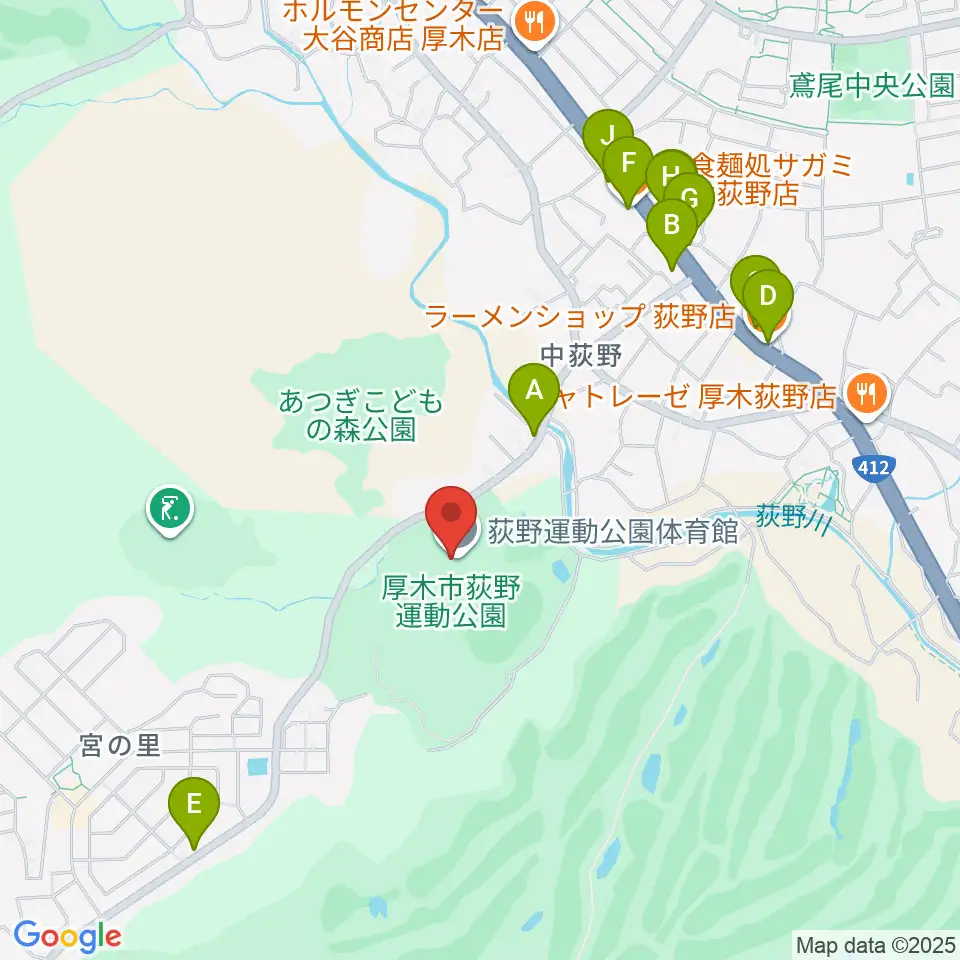 荻野運動公園体育館周辺のファミレス・ファーストフード一覧地図