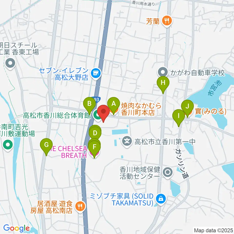 高松市香川総合体育館周辺のファミレス・ファーストフード一覧地図