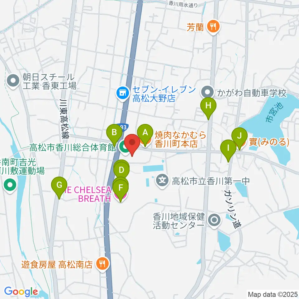 高松市香川総合体育館周辺のファミレス・ファーストフード一覧地図