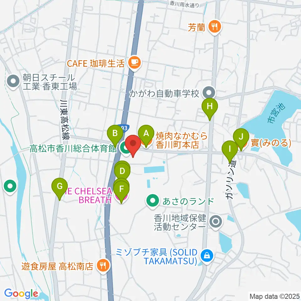 高松市香川総合体育館周辺のファミレス・ファーストフード一覧地図