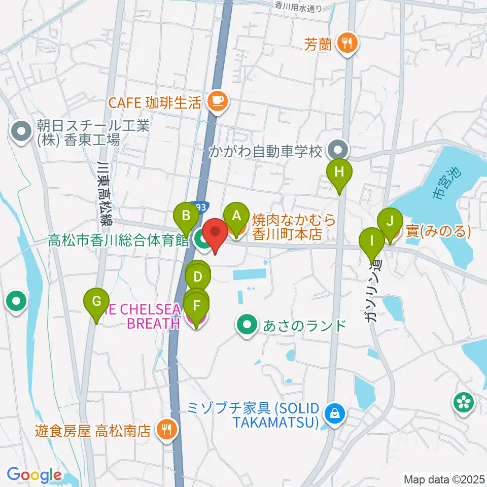 高松市香川総合体育館周辺のファミレス・ファーストフード一覧地図