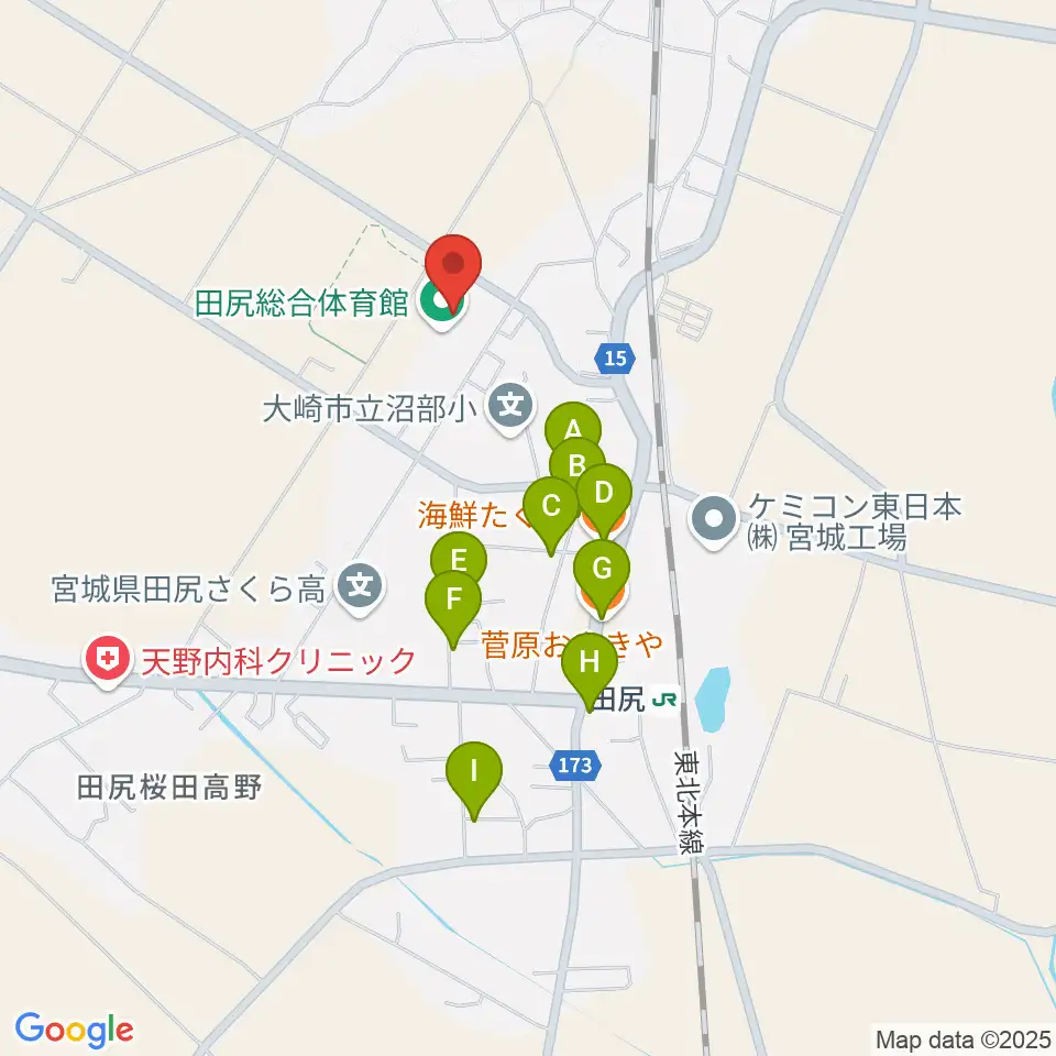 田尻総合体育館周辺のファミレス・ファーストフード一覧地図