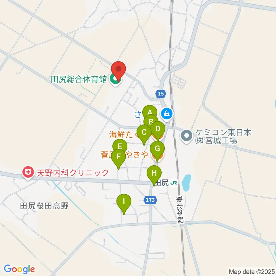 田尻総合体育館周辺のファミレス・ファーストフード一覧地図