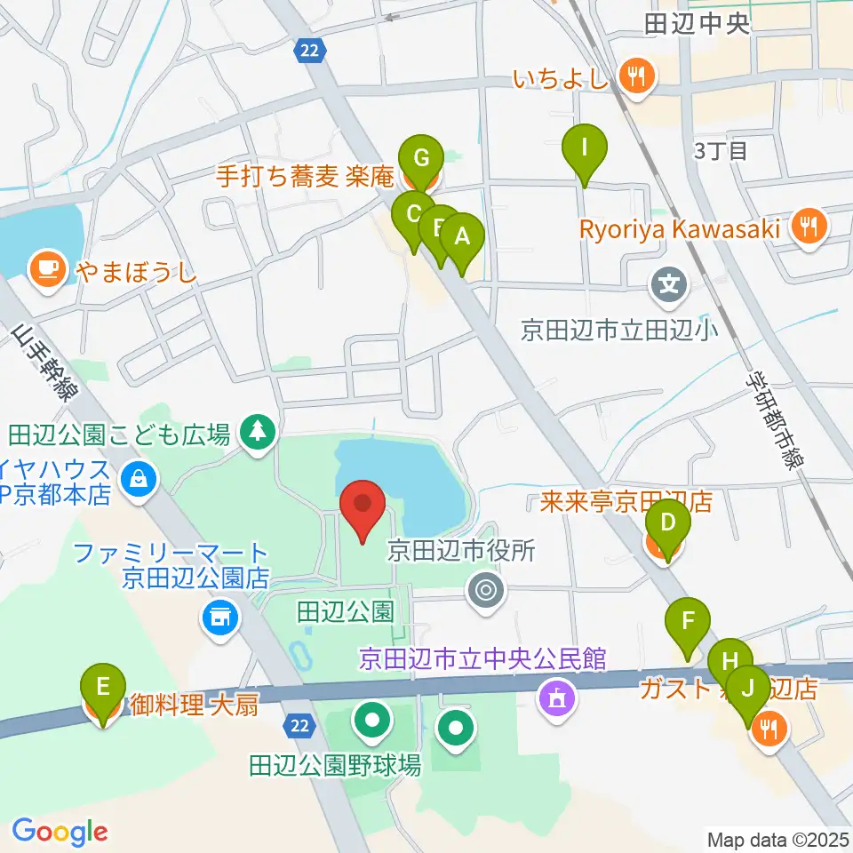 京田辺市田辺中央体育館周辺のファミレス・ファーストフード一覧地図