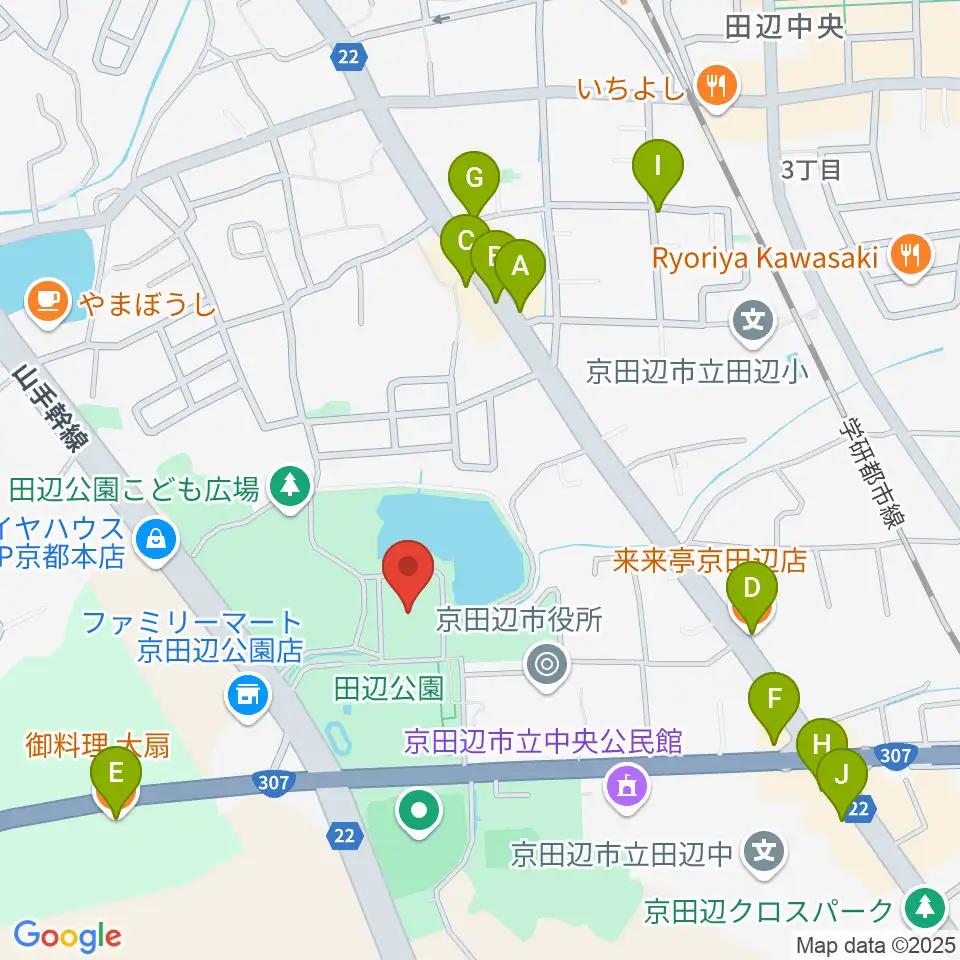 京田辺市田辺中央体育館周辺のファミレス・ファーストフード一覧地図