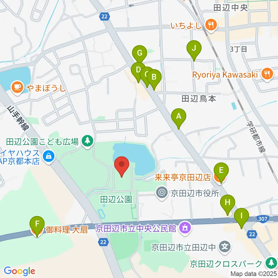 京田辺市田辺中央体育館周辺のファミレス・ファーストフード一覧地図