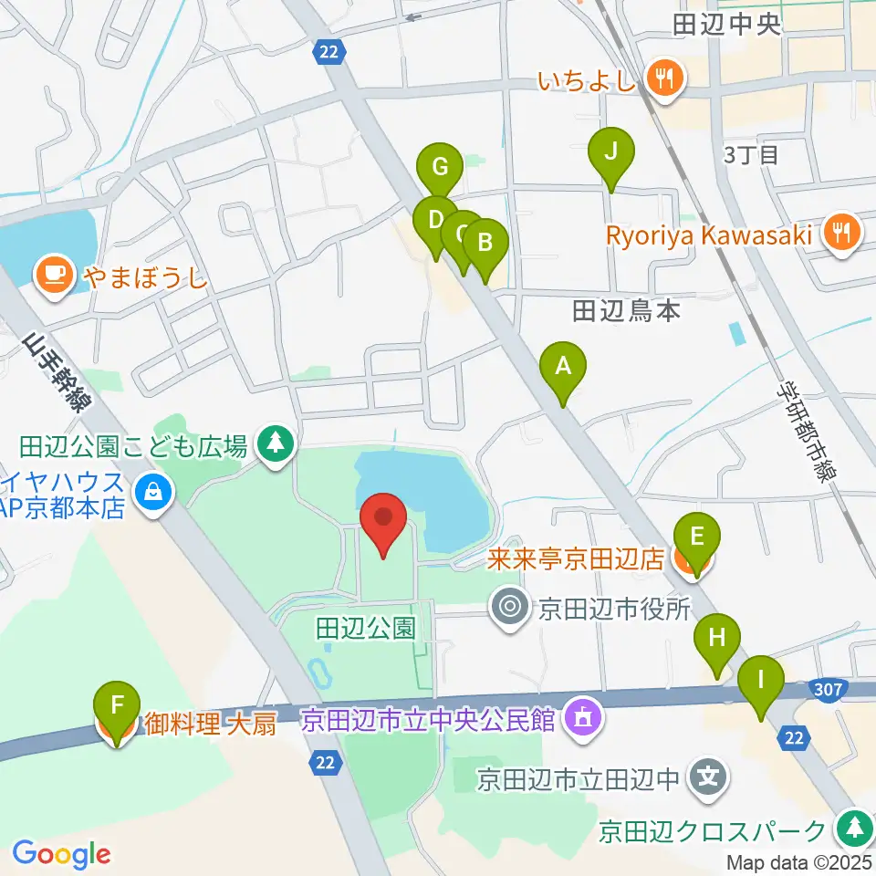 京田辺市田辺中央体育館周辺のファミレス・ファーストフード一覧地図