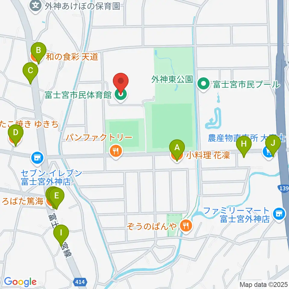 富士宮市民体育館周辺のファミレス・ファーストフード一覧地図