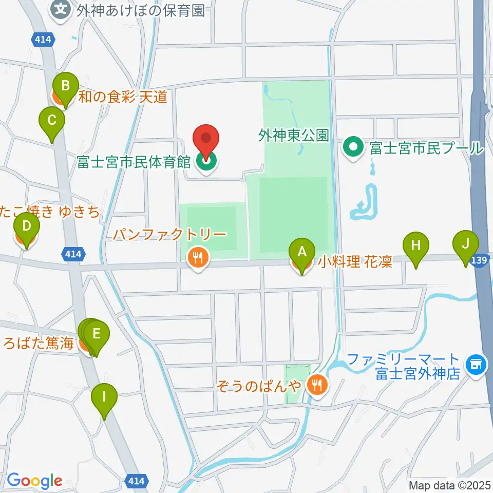 富士宮市民体育館周辺のファミレス・ファーストフード一覧地図
