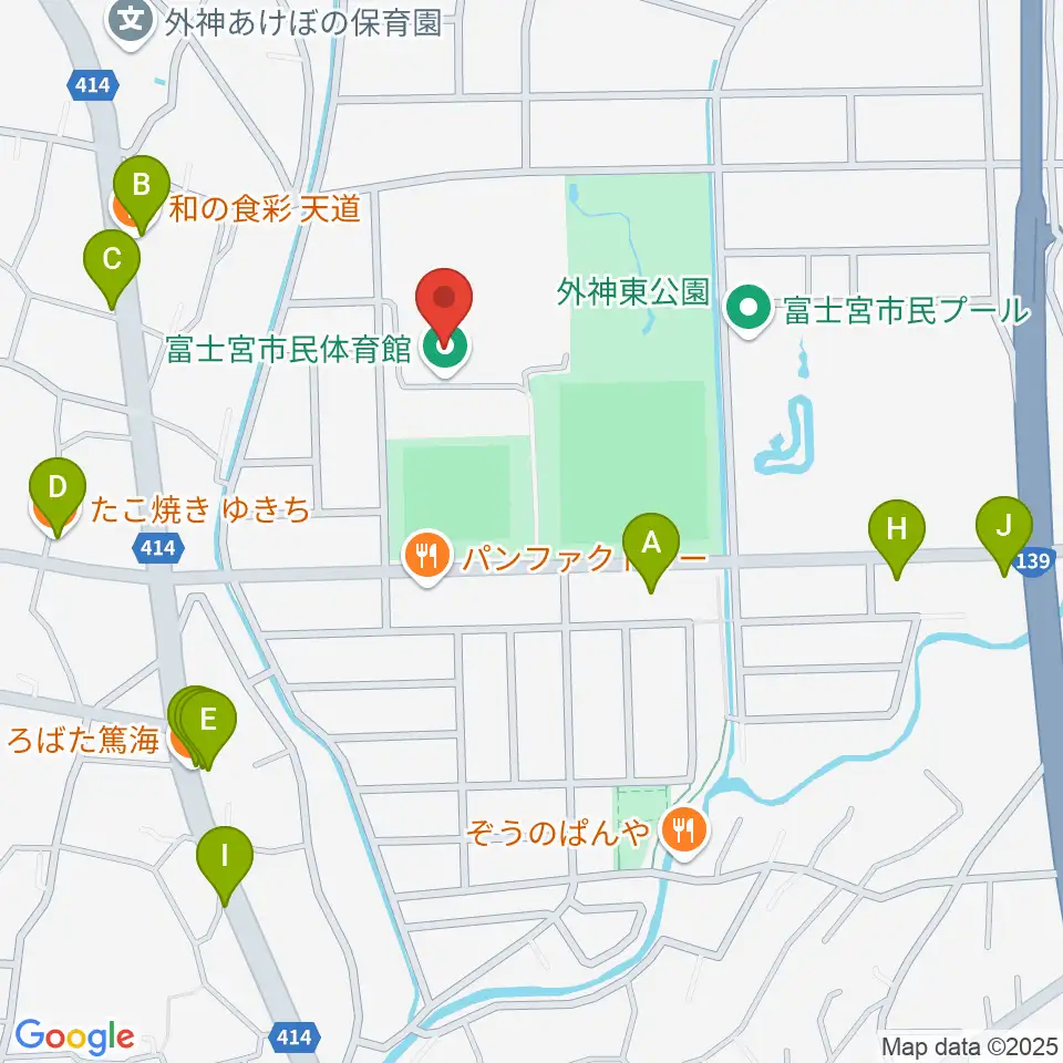 富士宮市民体育館周辺のファミレス・ファーストフード一覧地図
