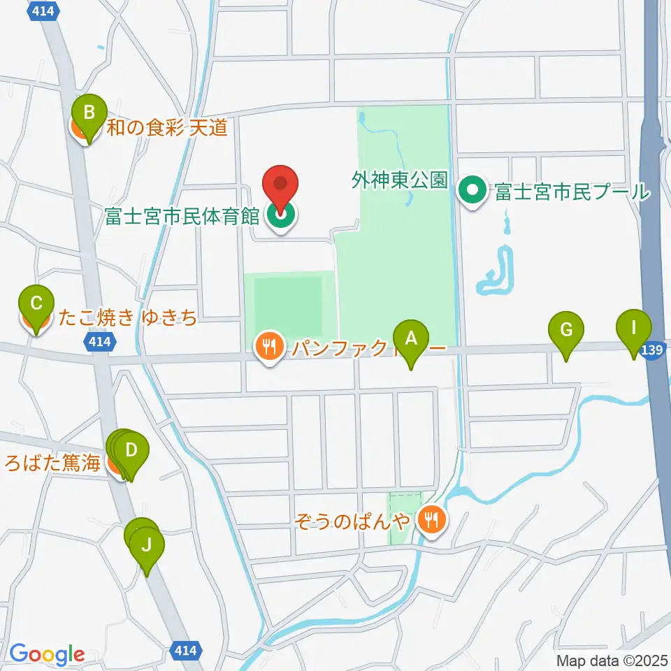 富士宮市民体育館周辺のファミレス・ファーストフード一覧地図