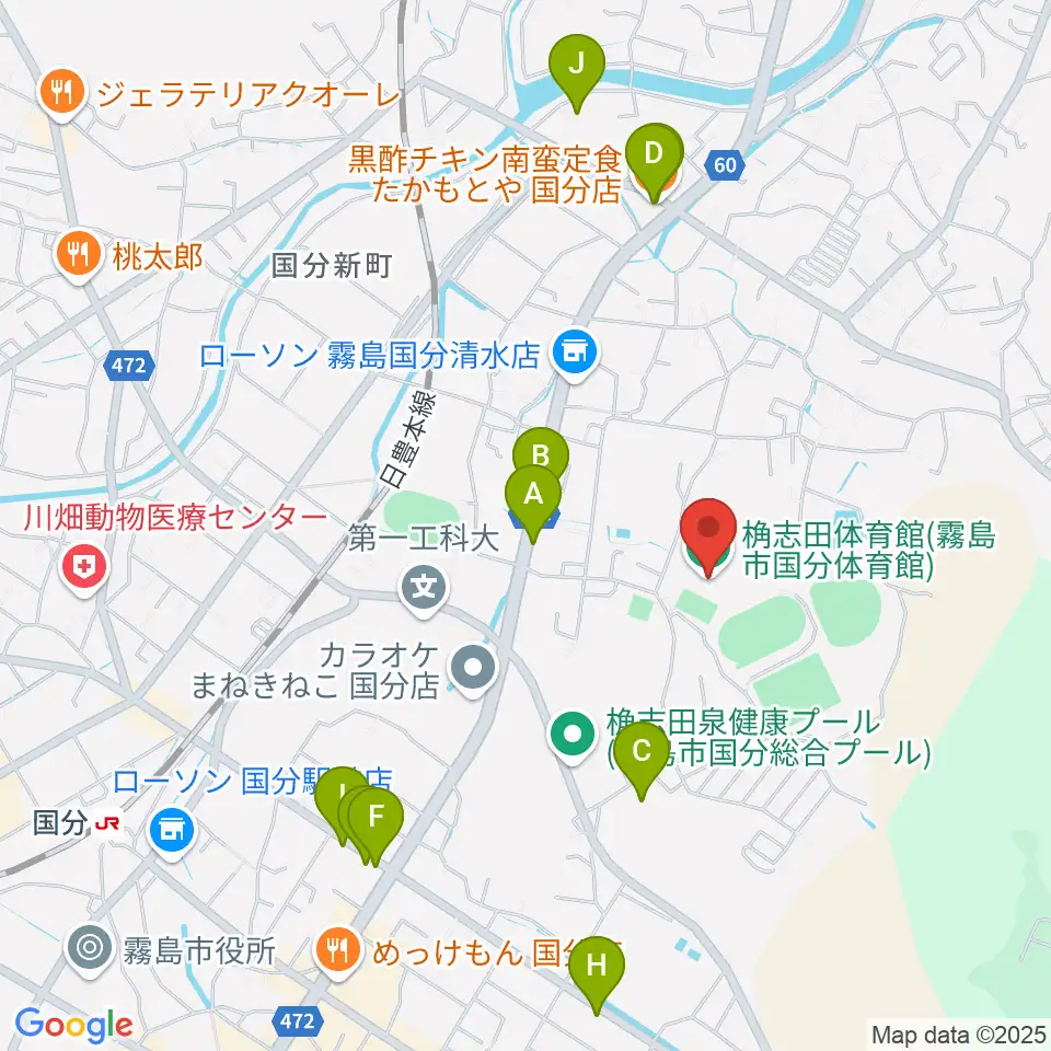 桷志田体育館周辺のファミレス・ファーストフード一覧地図