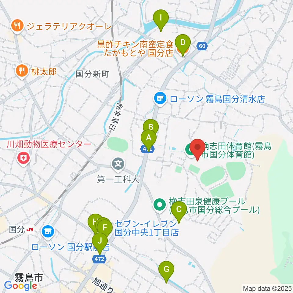 桷志田体育館周辺のファミレス・ファーストフード一覧地図