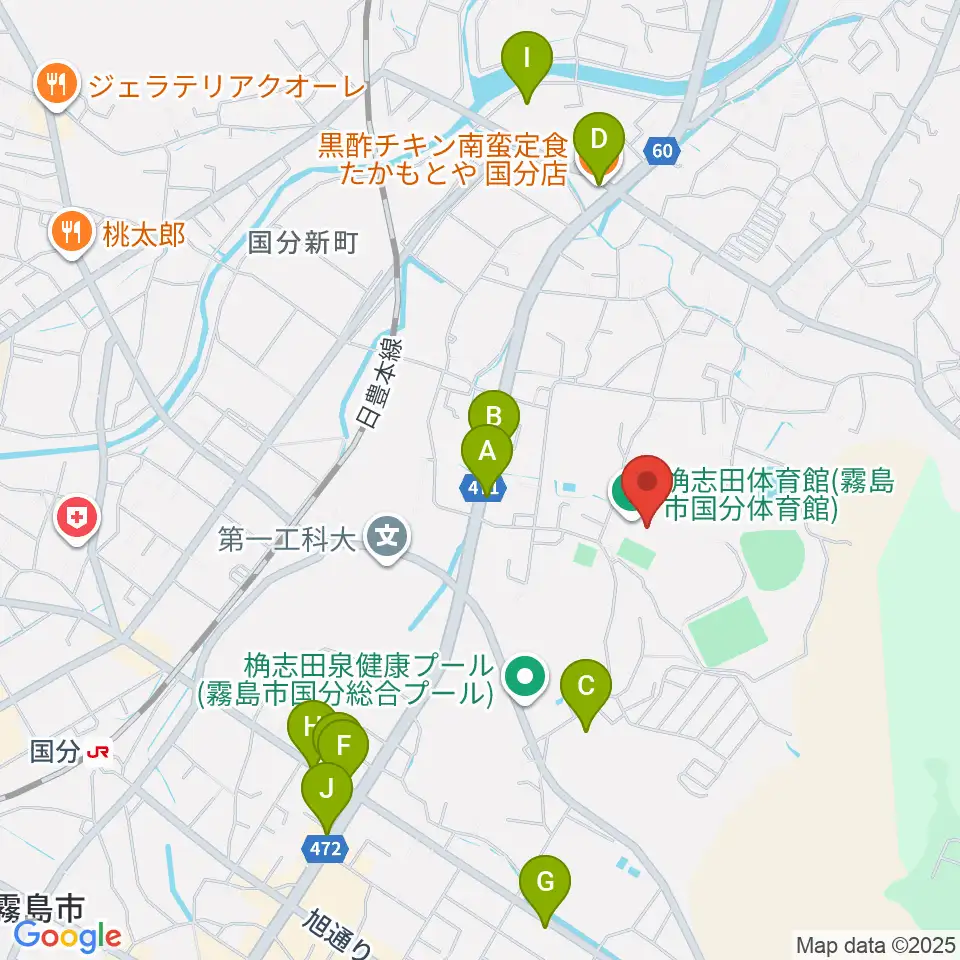 桷志田体育館周辺のファミレス・ファーストフード一覧地図