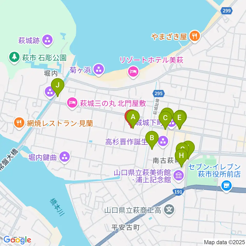 萩博物館周辺のファミレス・ファーストフード一覧地図