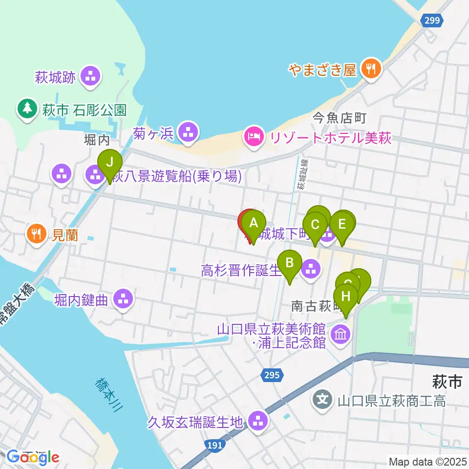 萩博物館周辺のファミレス・ファーストフード一覧地図