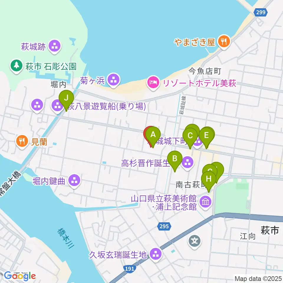 萩博物館周辺のファミレス・ファーストフード一覧地図