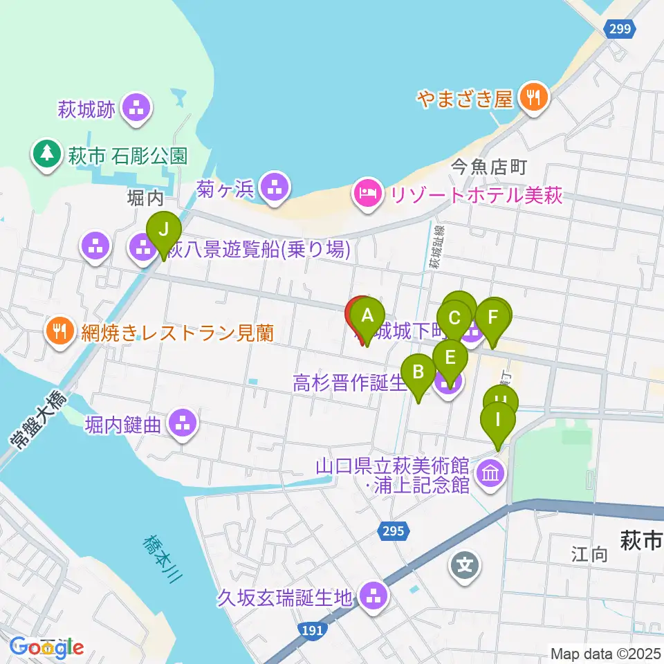 萩博物館周辺のファミレス・ファーストフード一覧地図