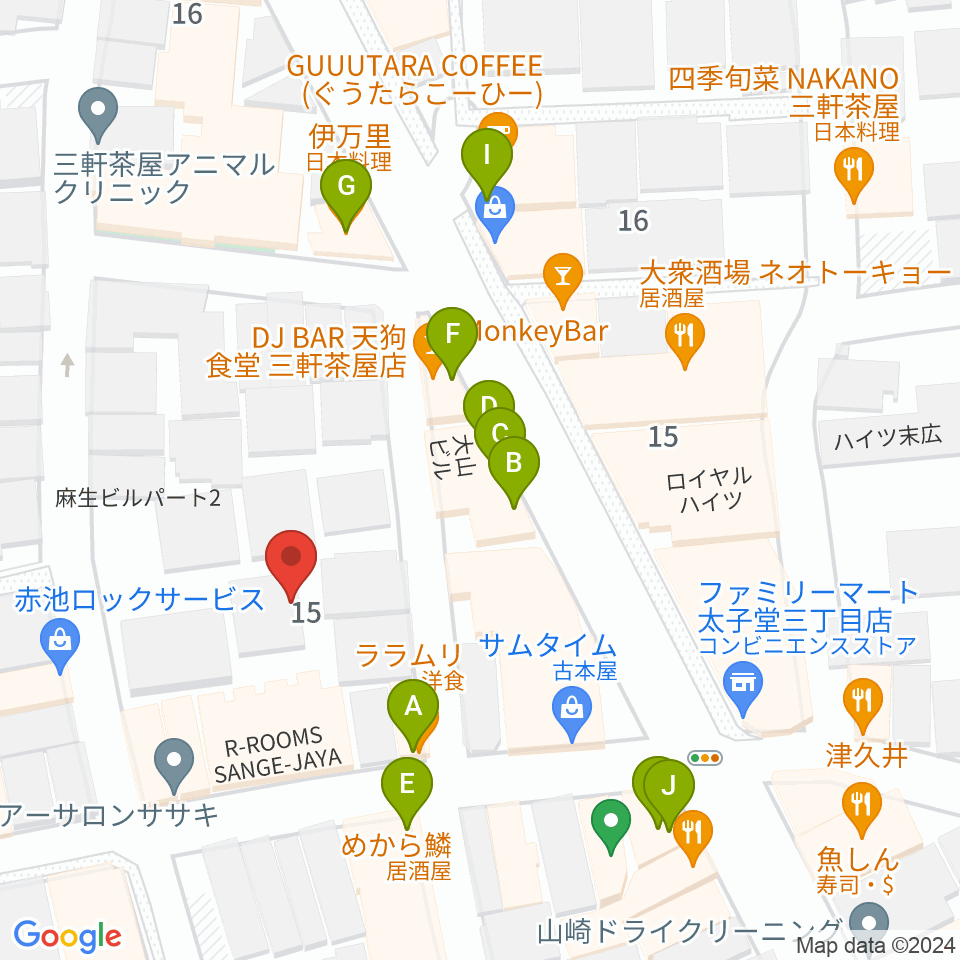 三軒茶屋クロスロードスタジオ周辺のファミレス・ファーストフード一覧地図