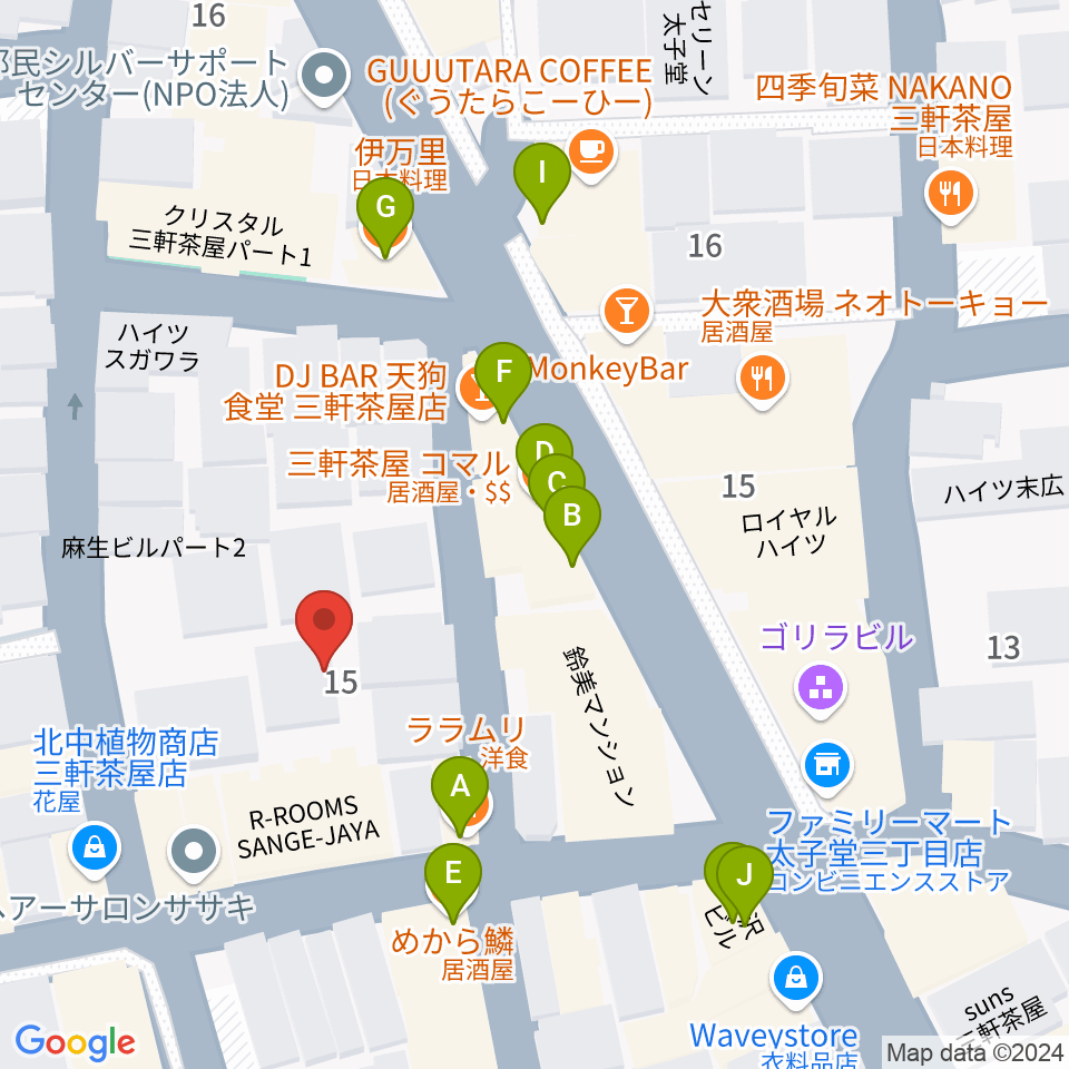 三軒茶屋クロスロードスタジオ周辺のファミレス・ファーストフード一覧地図