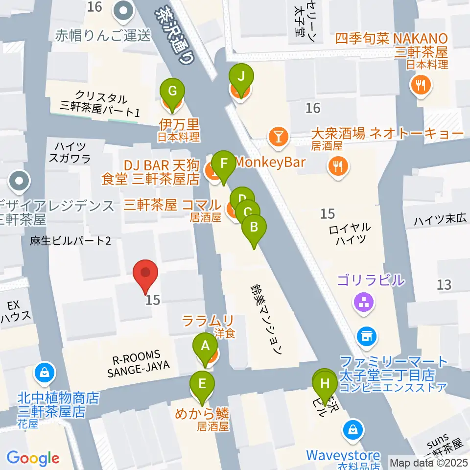 三軒茶屋クロスロードスタジオ周辺のファミレス・ファーストフード一覧地図