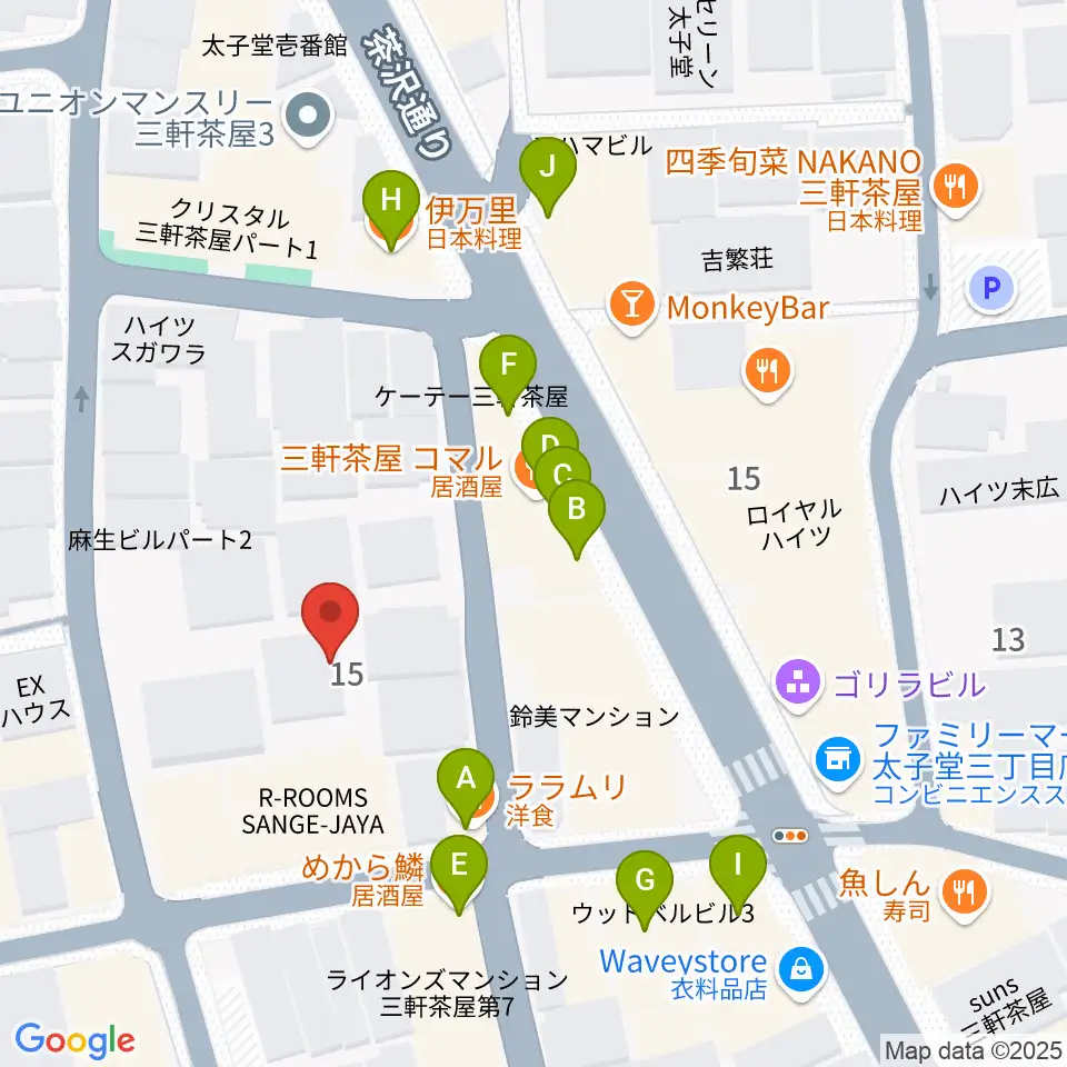 三軒茶屋クロスロードスタジオ周辺のファミレス・ファーストフード一覧地図