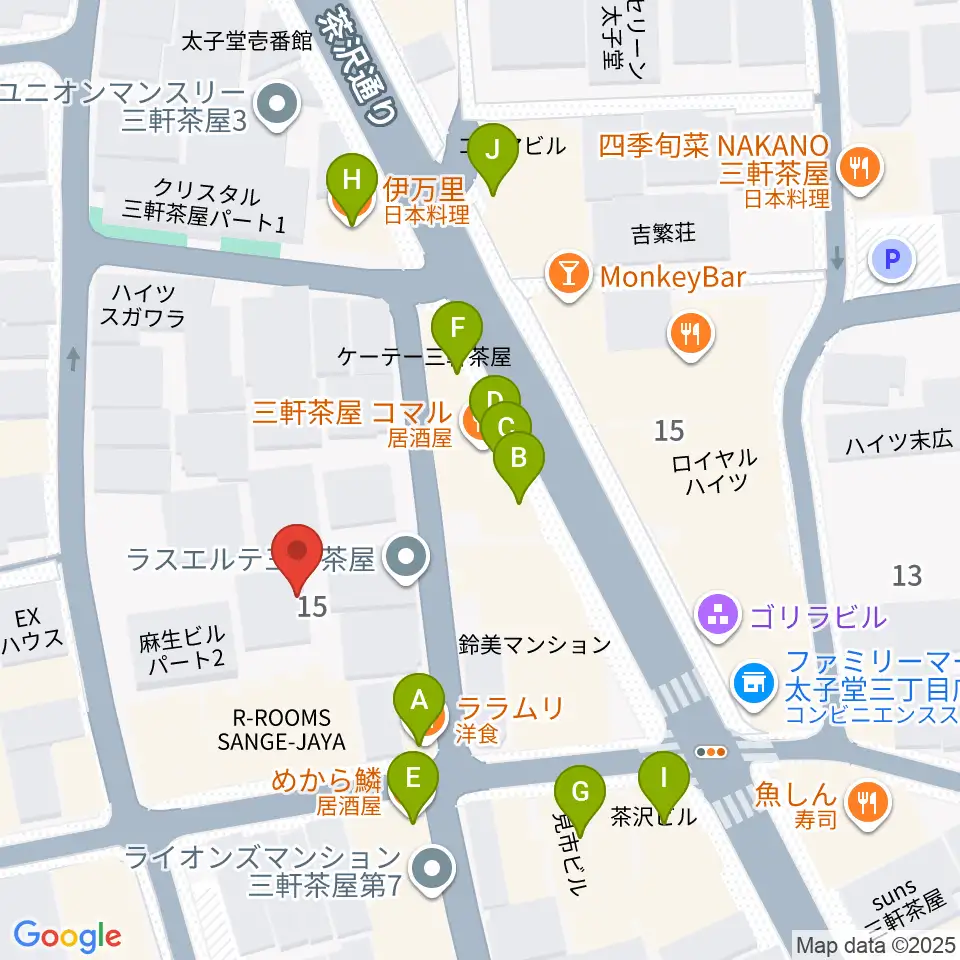 三軒茶屋クロスロードスタジオ周辺のファミレス・ファーストフード一覧地図