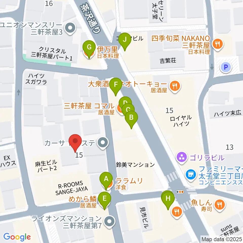三軒茶屋クロスロードスタジオ周辺のファミレス・ファーストフード一覧地図